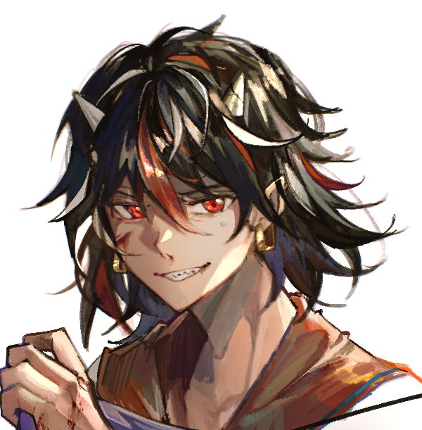 1girl, black_hair, blood, blood_on_face, blood_on_hands, commentary, cone_horns, earrings