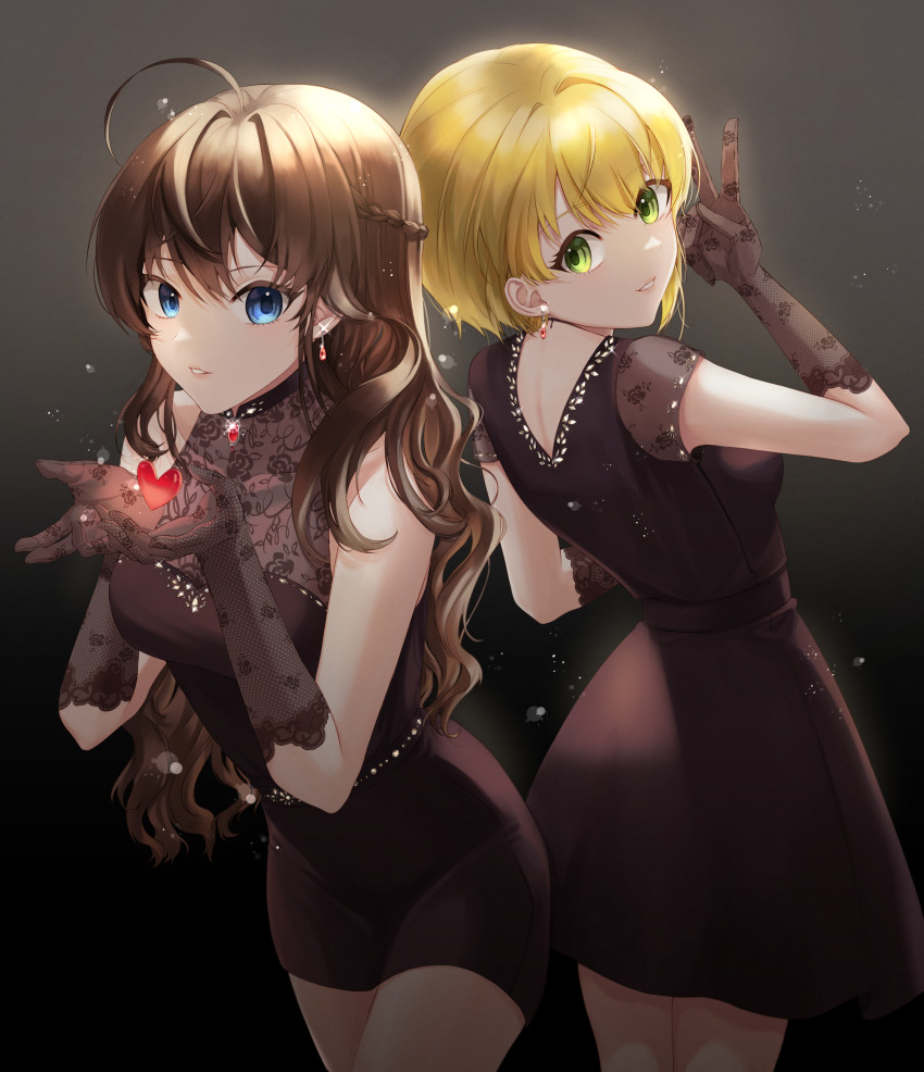1girl, 2girls, absurdres, ahoge, back-to-back, bare_shoulders, black_dress, blonde_hair