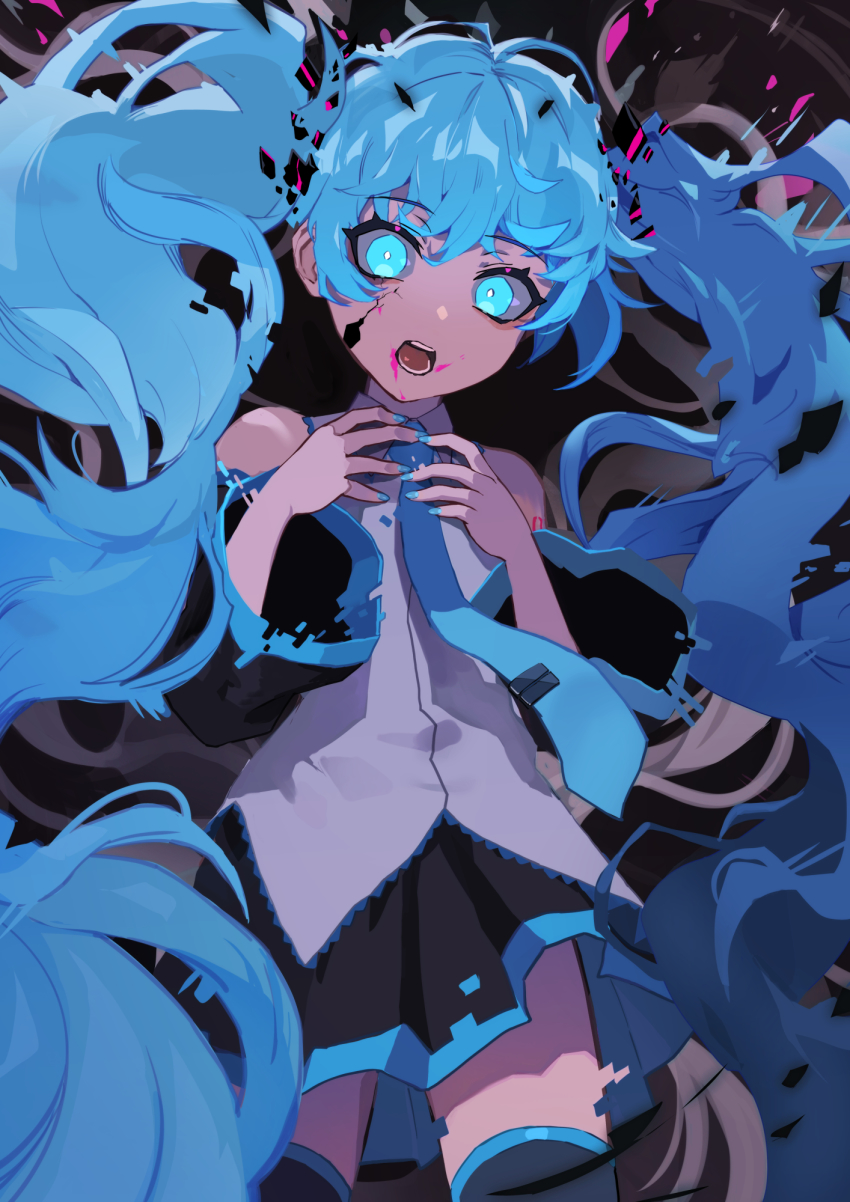 1girl, arm_tattoo, bare_shoulders, black_background, black_skirt, black_sleeves, blue_hair, blue_nails