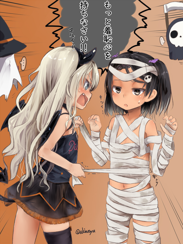 2girls, akino_shuu, arm_wrap, bandaged_arm, bandaged_hand, bandaged_head, bandaged_leg, bandages