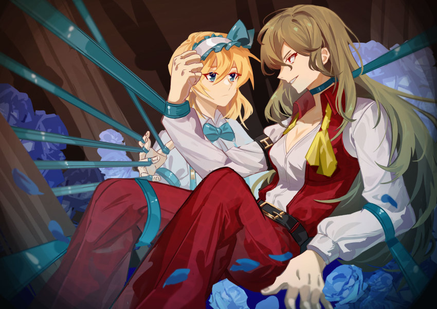 2girls, :/, aged_down, alice_margatroid, alice_margatroid_(pc-98), arm_garter, arong, ascot, belt, blonde_hair, blue_eyes, blue_flower, blue_hairband, blue_neckwear, blue_ribbon, blue_rose, bound, bound_arms, bow, bowtie, breasts, brown_belt, buckle, cleavage, collared_shirt, fingernails, flower, frilled_hairband, frills, furrowed_brow, grin, hair_between_eyes, hairband, kazami_yuuka, kazami_yuuka_(pc-98), large_breasts, long_hair, long_sleeves, looking_at_another, lying, multiple_girls, pants, plaid_clothes, plaid_pants, plaid_vest, red_eyes, red_pants, red_vest, ribbon, rose, shirt, sidelocks, sitting, smile, suspenders, touhou, touhou_(pc-98), undone_ascot, undone_neckwear, vest, white_shirt, wing_collar, yellow_neckwear