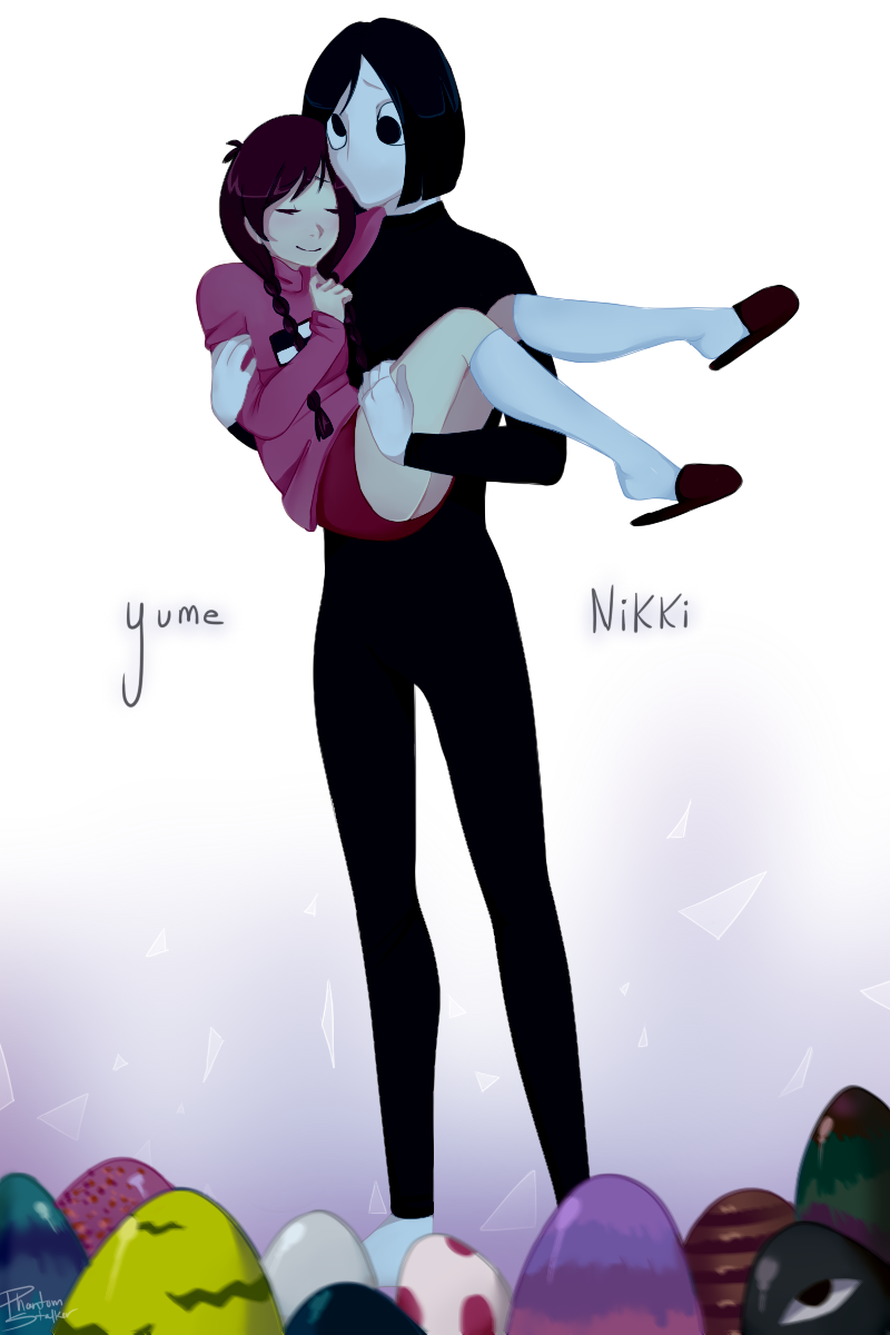 braid, brown_hair, carrying, egg, highres, madotsuki, princess_carry, sekomumasada_sensei