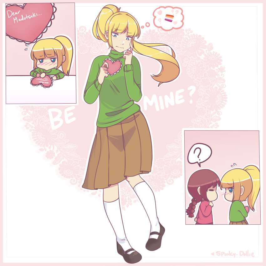 blonde_hair, blue_eyes, blush, chibi, english_text, highres, lesbian_flag, madotsuki, poniko, ponytail, resolution_mismatch, self-upload, simple_background, socks, source_smaller, spooky-dollie, sweater, valentine, white_background, yume_nikki, yuri