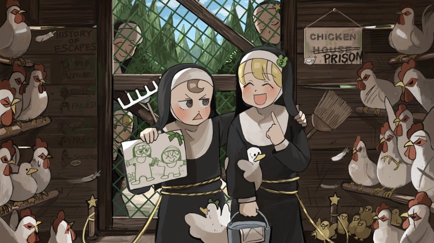 >_<, 5girls, :d, ^_^, baby_animal, bird, blonde_hair, broom