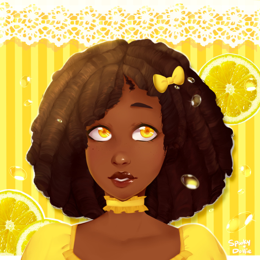 1girl, black_hair, curly_hair, dark-skinned_female, dark_skin, food, fruit, highres