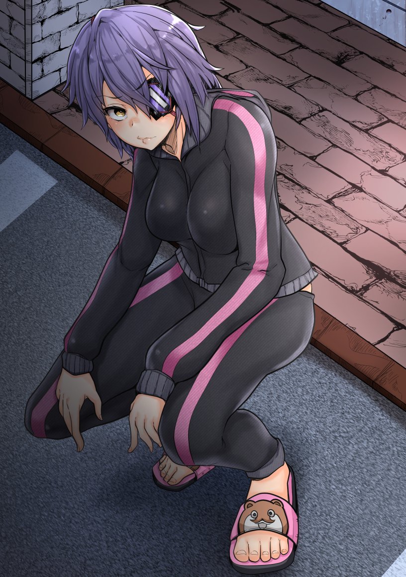 1girl, alternate_costume, black_jacket, black_pants, black_track_suit, bokukawauso, brick_floor, commentary_request