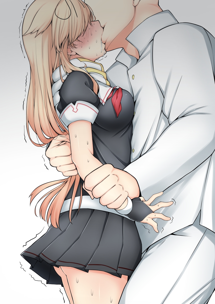 1boy, 1girl, admiral_(kancolle), black_gloves, black_ribbon, black_serafuku, black_skirt, blonde_hair, blush, closed_eyes, commentary_request, couple, fingerless_gloves, forced_kiss, gloves, hair_flaps, hair_ribbon, hetero, highres, kantai_collection, kiss, long_hair, nose_blush, pleated_skirt, ribbon, rikkii_(likito_yuzu_is), scarf, school_uniform, serafuku, skirt, trembling, white_scarf, yuudachi_(kancolle)