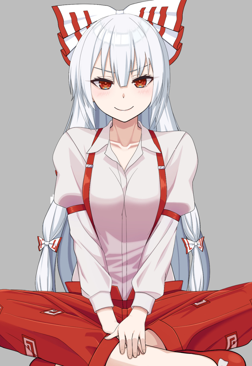 1girl, bow, closed_mouth, eyebrows_hidden_by_hair, fujiwara_no_mokou, grey_background, hair_bow, highres