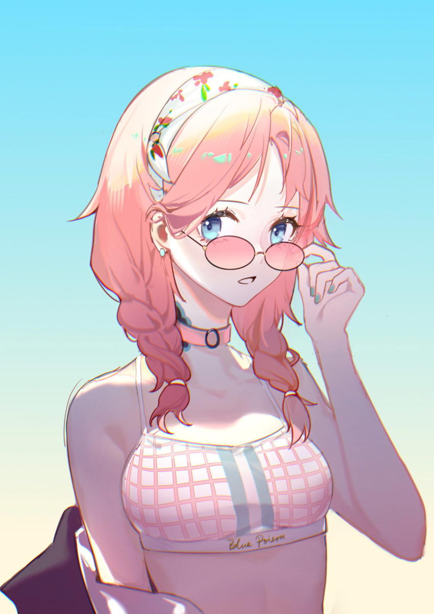 1girl, absurdres, adjusting_eyewear, arknights, bare_arms, blue_background, blue_eyes, blue_nails