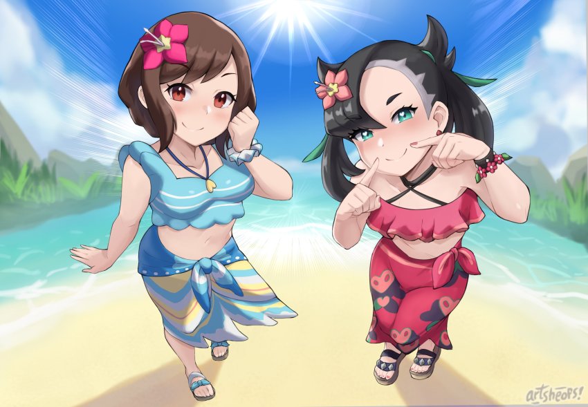 2girls, artist_name, artsheops, asymmetrical_bangs, black_hair, blue_sarong, blue_shirt, blush, breasts, brown_eyes, brown_hair, closed_mouth, cloud, collarbone, commentary_request, day, eyelashes, fingersmile, flower, gloria_(pokemon), gloria_(summer_2021)_(pokemon), green_eyes, green_ribbon, hair_flower, hair_ornament, hair_ribbon, hand_up, highres, jewelry, looking_at_viewer, marnie_(pokemon), marnie_(summer_2021)_(pokemon), medium_breasts, multiple_girls, nail_polish, navel, necklace, nintendo, official_alternate_costume, outdoors, pink_flower, pokemon, pokemon_masters_ex, red_nails, ribbon, sand, sandals, sarong, scrunchie, shiny_skin, shirt, shore, short_hair, sky, sleeveless, sleeveless_shirt, smile, standing, sun, toenail_polish, toenails, toes, water, watermark, wrist_scrunchie