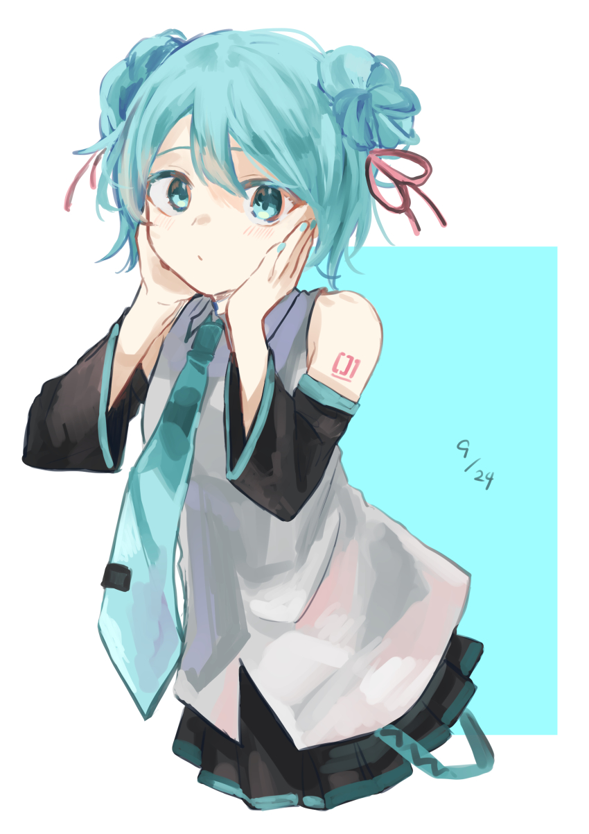 1girl, absurdres, alternate_hairstyle, aqua_background, aqua_belt, aqua_eyes, aqua_hair, aqua_nails
