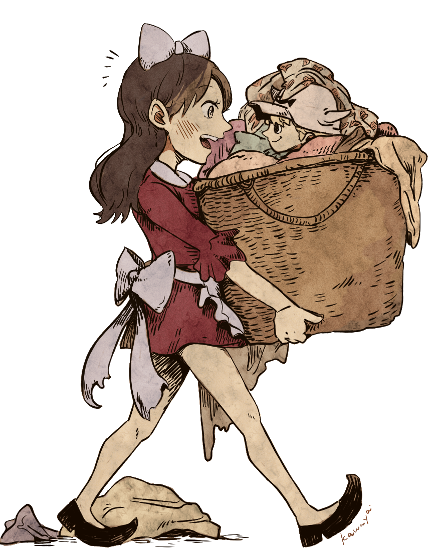 1boy, 1girl, :d, aged_down, apron, asapbn, baby_5, black_hair, clothes, dellinger_(one_piece), dress, frills, from_side, hair_ribbon, hat, holding, laundry, laundry_basket, looking_at_another, one_piece, open_mouth, ribbon, smile, walking