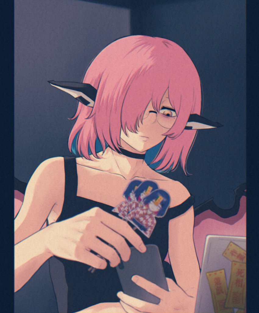 1girl, azuki_aisu_ranmaru, bad_id, bad_twitter_id, bird_wings, black-framed_eyewear, black_tank_top, cellphone