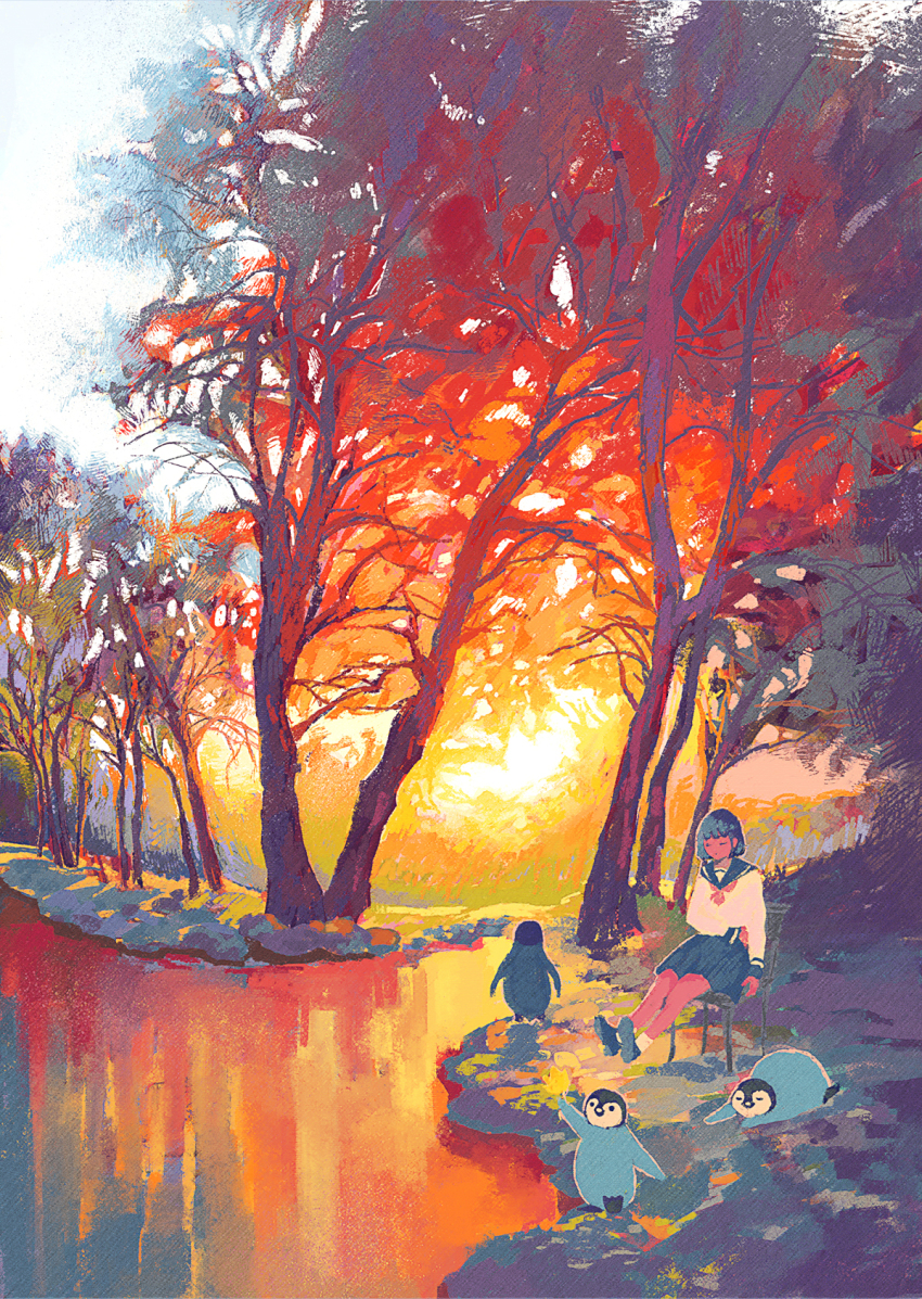 1girl, autumn, baby_animal, bird, black_hair, black_sailor_collar, black_shoes, black_skirt