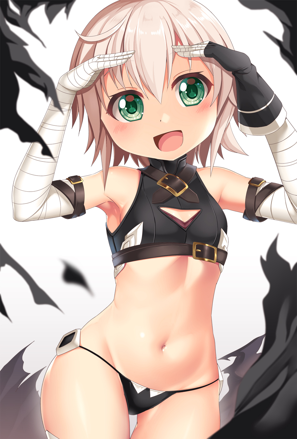 1girl, arm_belt, bandaged_arm, bandages, black_gloves, black_panties, blonde_hair, breasts
