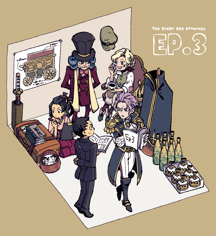 2girls, 3boys, ace_attorney, alcohol, arm_behind_back, armband, arms_behind_back, ascot