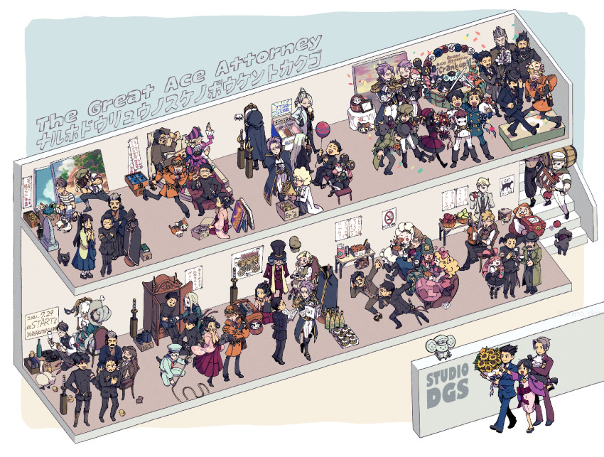 6+boys, 6+girls, :t, :|, ^_^, absolutely_everyone, absurdly_detailed_composition, ace_attorney, adjusting_clothes, adjusting_headwear, afro, albert_harebrayne, alcohol, animal, animal_on_back, animal_on_lap, apple, apron, arm_around_another's_back, arm_behind_back, arm_hair, arm_up, armband, arms_behind_back, arrow_(symbol), artist_name, ascot, ashley_graydon, baby_animal, balloon, bandana, barok_van_zieks, barrel, basket, beard, bell, belt, belt_pouch, bench, bird, black_cloak, black_coat, black_dress, black_eyes, black_flower, black_footwear, black_gloves, black_hair, black_hakama, black_headwear, black_jacket, black_pants, black_rose, black_shirt, black_socks, black_vest, blonde_hair, blood, blood_from_mouth, bloomers, blowing, blue_bow, blue_bowtie, blue_cloak, blue_coat, blue_eyes, blue_flower, blue_hair, blue_hakama, blue_jacket, blue_necktie, blue_pants, blue_ribbon, blue_rose, blue_sailor_collar, blunt_bangs, blush, blush_stickers, bonnet, book, boots, border, bottle, bouquet, bow, bowler_hat, bowtie, box, bracelet, breast_pocket, breath, brothers, brown_apron, brown_coat, brown_footwear, brown_hair, brown_headwear, brown_jacket, brown_kimono, brown_legwear, brown_necktie, brown_pants, brown_vest, bun_cover, buttons, camera, capcom, capelet, cardboard_box, carrying, cat, chair, child, clapping, clenched_hand, clenched_hands, clenched_teeth, clipboard, cloak, closed_eyes, closed_mouth, clothed_animal, coat, coin, collar, collared_shirt, colored_sclera, confetti, constricted_pupils, copyright_name, couple, courtney_sithe, cross_scar, crossdressing, crossed_arms, crossed_legs, crossed_swords, cup, dancing, daruma_doll, deerstalker, detached_sleeves, dirty, dirty_clothes, disposable_cup, dog, dot_mouth, double_bun, dress, drink, drinking_glass, duck, duckling, earrings, eating, english_text, enoch_drebber, epaulettes, everyone, eye_contact, eyewear_on_head, eyewear_on_headwear, facial_hair, fake_facial_hair, fake_mustache, father_and_child, father_and_daughter, fedora, feeding, fingerless_gloves, fish_(food), fish_and_chips, flat_chest, floral_print, flower, food, food_bite, forehead, fork, formal_clothes, fox_mask, freckles, frilled_apron, frilled_dress, frilled_gloves, frilled_shirt, frilled_sleeves, frills, from_behind, fruit, full_body, fur-trimmed_coat, fur-trimmed_sleeves, fur_hat, fur_trim, genshin_asogi, geta, gina_lestrade, glasses, gloves, goggles, green_coat, green_dress, green_footwear, green_headwear, green_jacket, green_necktie, green_pants, green_sailor_collar, green_sclera, green_vest, grey_hair, grey_headwear, grey_jacket, grey_legwear, grey_pants, grey_shirt, grin, hair_bow, hair_bun, hair_intakes, hair_ribbon, hair_rings, hakama, hakama_skirt, half-closed_eyes, hand_on_another's_shoulder, hand_on_own_hip, hand_to_own_mouth, hand_up, hands_on_own_cheeks, hands_on_own_face, hands_up, haori, happy, hat, hat_flower, head_back, headband, headpat, heart, heel_up, helmet, herlock_sholmes, high_collar, high_ponytail, highres, holding, holding_balloon, holding_book, holding_bouquet, holding_box, holding_camera, holding_clipboard, holding_coin, holding_cup, holding_drinking_glass, holding_food, holding_fork, holding_fruit, holding_instrument, holding_pen, holding_sword, holding_unworn_clothes, holding_violin, holding_weapon, hood, hood_up, hooded_cloak, ice_cream, ice_cream_cone, index_finger_raised, indoors, instrument, iris_wilson, jacket, japanese_clothes, japanese_text, jester, jewelry, jezaille_brett, jingle_bell, joan_garrideb, john_garrideb, john_wilson, juliet_sleeves, katana, kazuma_asogi, kimono, klint_van_zieks, knee_boots, kneehighs, kneeling, knees_together_feet_apart, lab_coat, ladder, leaning_forward, leaning_to_the_side, leg_up, legs_together, licking, light_blush, long_hair, long_sleeves, looking_at_animal, looking_at_another, looking_at_viewer, looking_back, looking_down, looking_to_the_side, looking_up, low-tied_long_hair, mael_stronghart, magatama, magatama_necklace, magnus_mcgilded, maid_apron, male_focus, mask, mask_on_head, masked_apprentice_(ace_attorney), masquerade_mask, matching_hair/eyes, maya_fey, medal, miles_edgeworth, mirror, mohawk, multicolored_hair, multiple_boys, multiple_girls, multiple_views, mustache, neck_ribbon, neck_ruff, neckerchief, necklace, necktie, nervous, newsboy_cap, nikolina_pavlova, nose_blush, o3o, obi, official_alternate_costume, ok_sign, old-fashioned_swimsuit, on_chair, on_floor, on_lap, on_one_knee, one-piece_swimsuit, opaque_glasses, open_book, open_clothes, open_coat, open_jacket, open_mouth, orange_capelet, orange_coat, orange_hair, orange_headwear, outstretched_arm, own_hands_together, painting_(object), pants, pantyhose, paper, parent_and_child, parted_bangs, patch, patricia_beate, pear, pen, pencil_behind_ear, pet_door, phoenix_wright, phoenix_wright:_ace_attorney, phoenix_wright:_ace_attorney_-_trials_and_tribulations, picture_frame, pince-nez, pink_hair, pink_kimono, plaid_clothes, plaid_legwear, platform_footwear, plump, pocket, pointing, pointy_boots, police_hat, polishing, ponytail, pop_windibank, pouch, powder_puff, puff_of_air, puffy_pants, puffy_short_sleeves, puffy_sleeves, purple_dress, purple_eyes, purple_footwear, purple_hair, purple_hakama, purple_headwear, purple_jacket, purple_necktie, purple_pants, purple_ribbon, purple_scarf, purple_shirt, raiten_menimemo, reaching, reaching_towards_viewer, red_ascot, red_bow, red_bowtie, red_coat, red_dress, red_flower, red_headband, red_headwear, red_jacket, red_legwear, red_neckerchief, red_necktie, red_pants, red_ribbon, red_rose, red_vest, rei_membami, ribbon, roly_beate, romaji_text, rose, running, ryunosuke_naruhodo, ryutaro_naruhodo, sailor, sailor_collar, sandals, sash, satoru_hosonaga, scar, scar_on_face, scarf, script, seishiro_jigoku, seiza, shared_clothes, shared_scarf, shino_(shino_dgs), shirt, shoes, short_hair, short_sleeves, shovel, siblings, sidelocks, sign, sitting, skirt, sleeping, sleeveless, sleeveless_dress, smile, smoke, socks, soseki_natsume, sparkle, spiked_hair, spoilers, spread_legs, squatting, stairs, standing, standing_on_one_leg, statue, steak, striped_clothes, striped_headwear, striped_legwear, striped_one-piece_swimsuit, striped_ribbon, striped_scarf, stuffed_animal, stuffed_cat, stuffed_rabbit, stuffed_toy, suit, suitcase, sun_hat, sunflower, susato_mikotoba, suspenders, swan, sweat, sweater_vest, swimsuit, sword, tabi, table, taking_picture, tape, tchikin_strogenov, tea, teacup, teeth, the_great_ace_attorney, the_great_ace_attorney:_adventures, the_great_ace_attorney_2:_resolve, thermos, thumbs_up, tiptoes, toasting_(gesture), tobias_gregson, toby_(ace_attorney), tongs, tongue, tongue_out, top_hat, topknot, towel, translation_request, trash_can, turtle, twintails, twitter_username, two-tone_hair, underwear, unworn_armband, unworn_clothes, unworn_hat, unworn_headwear, unworn_mask, ushanka, v-shaped_eyebrows, vest, violin, wagahai_(ace_attorney), waist_apron, waiter, walking, wardrobe, watermark, wavy_mouth, weapon, white_apron, white_ascot, white_bonnet, white_border, white_coat, white_flower, white_gloves, white_headwear, white_legwear, white_pants, white_ribbon, white_rose, white_shirt, wide-eyed, william_shamspeare, wine, wine_bottle, wine_glass, wristband, x_anus, yellow-framed_eyewear, yellow_flower, yellow_kimono, yellow_scarf, yellow_sclera, yokozuwari, yujin_mikotoba
