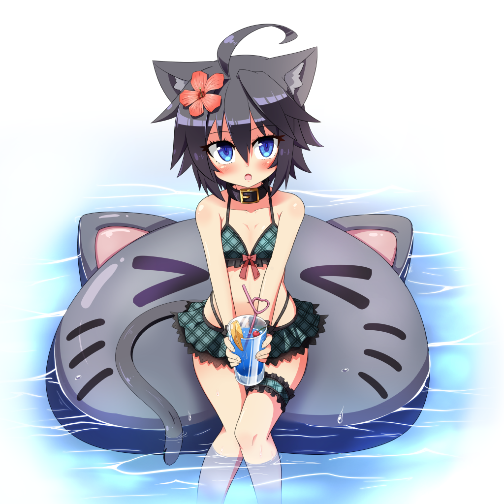 1girl, 1up_(solid2), :o, ahoge, animal_ears, bare_arms, bare_shoulders, belt_collar