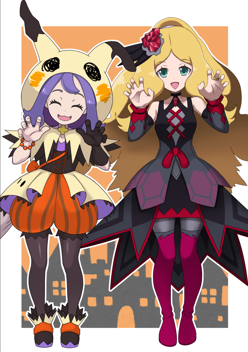 2girls, acerola_(fall_2020)_(pokemon), acerola_(pokemon), bare_shoulders, bead_bracelet, beads, black_gloves, blonde_hair
