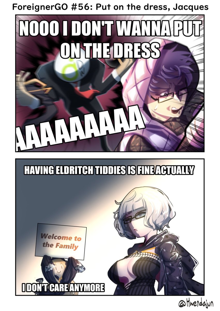 1boy, 2girls, abigail_williams_(fate), artist_name, black_dress, black_suit, blonde_hair, breasts