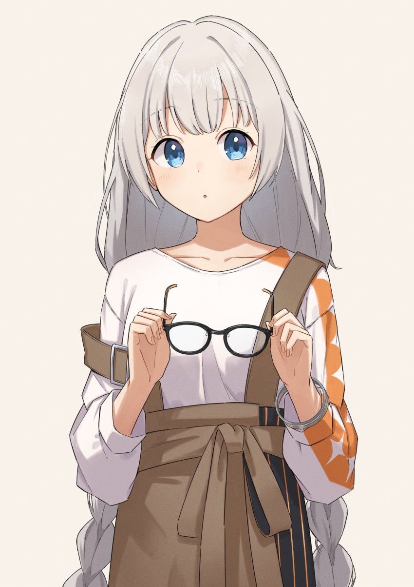 1girl, :o, a.i._voice, blue_eyes, bracelet, braid, brown_skirt, collarbone