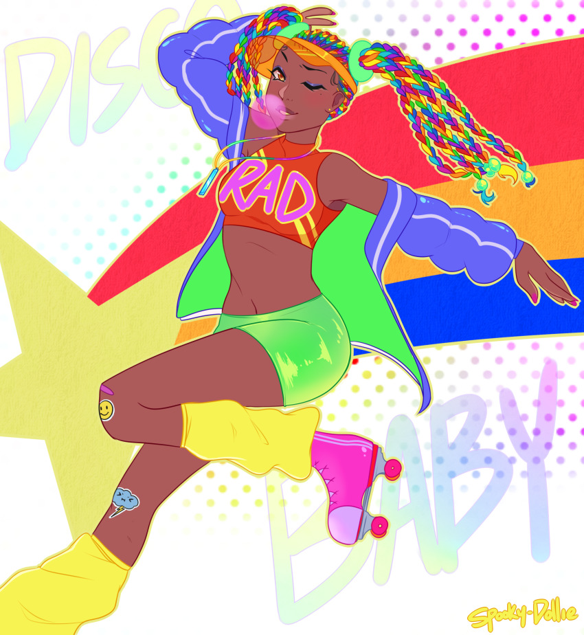 1girl, absurdres, braid, chewing_gum, colorful, crop_top, dark-skinned_female, dark_skin