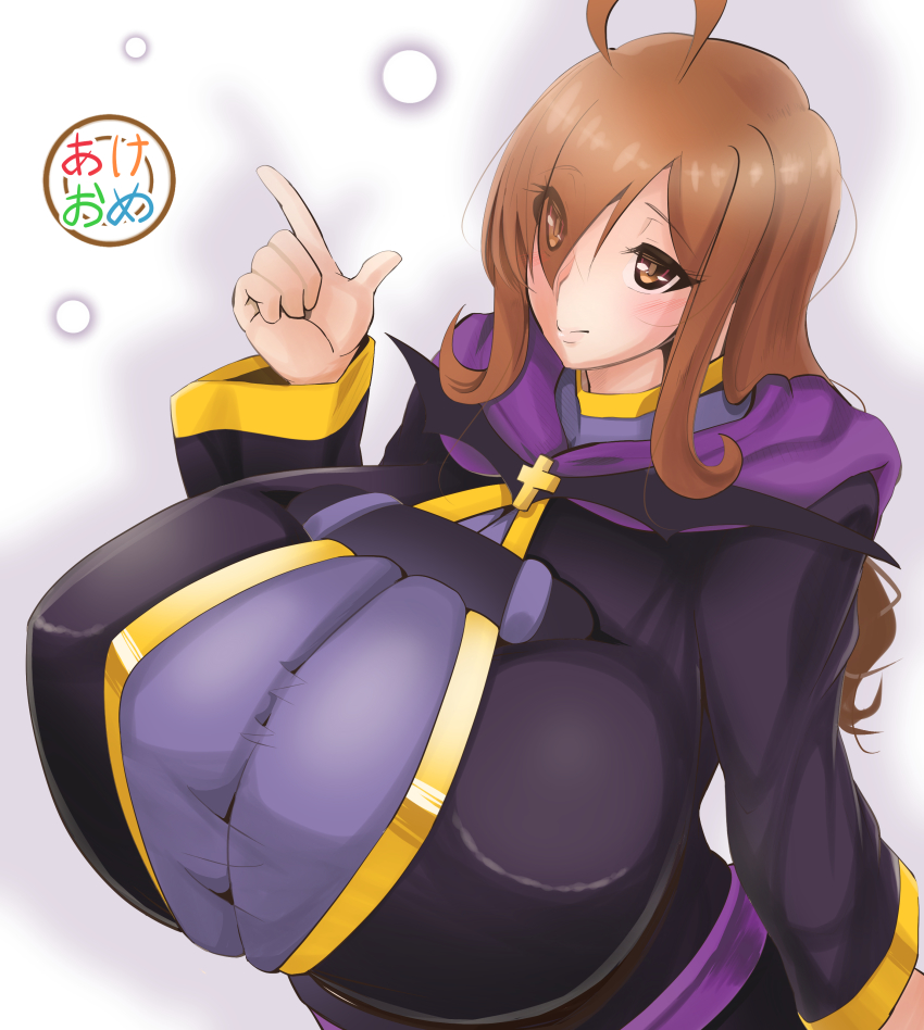 1girl, absurdres, ahoge, blush, breasts, brown_eyes, brown_hair, cloak, cross, eyes_visible_through_hair, hair_over_one_eye, highres, huge_breasts, impossible_clothes, index_finger_raised, kono_subarashii_sekai_ni_shukufuku_wo!, long_hair, long_sleeves, purple_cloak, purple_robe, robe, sippufx, smile, solo, wiz_(konosuba)