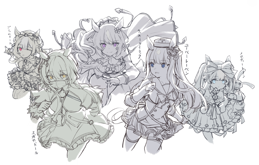 5girls, animal_ears, bad_id, bad_pixiv_id, blue_eyes, borrowed_character, bow, ear_ornament, epoca_d'oro_(racehorse), gassan_aya, genderswap, genderswap_(mtf), hair_bow, highres, horse_ears, horse_girl, horse_tail, lolita_fashion, lucky_lilac_(racehorse), mask, melody_lane_(racehorse), miniskirt, mouth_mask, multiple_girls, multiple_monochrome, original, personification, plume_d'or_(racehorse), purple_eyes, red_eyes, running, skirt, spot_color, tail, thighhighs, typo, uberleben_(racehorse), umamusume, yellow_eyes