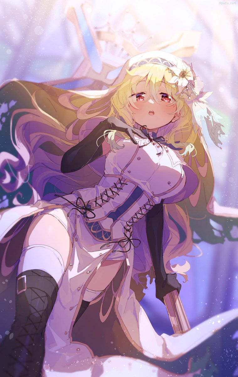 1girl, arm_at_side, backlighting, belt, black_belt, black_boots, black_gloves, black_ribbon, blonde_hair, blurry, blurry_background, boots, breasts, capelet, contrapposto, corset, cross, cross-laced_clothes, curly_hair, daffodil, depth_of_field, dot_nose, dutch_angle, elbow_gloves, eyes_visible_through_hair, feet_out_of_frame, floating_hair, flower, from_below, glint, gloves, habit, hair_between_eyes, half-closed_eyes, hand_on_own_chest, hand_up, highres, holding, indoors, lace-up_boots, large_breasts, latin_cross, lens_flare, light_particles, light_rays, long_hair, looking_at_viewer, looking_down, magia_record:_mahou_shoujo_madoka_magica_gaiden, mahou_shoujo_madoka_magica, neck_ribbon, nun_headdress, parted_lips, pelvic_curtain, ribbon, serizawa_serizane, skindentation, solo, spider_web_hair_ornament, stained_glass, teeth, thigh_boots, thighhighs, togame_momoko, togame_momoko_(sister_ver.), twitter_username, upper_teeth_only, white_capelet, white_flower, white_thighhighs, zettai_ryouiki
