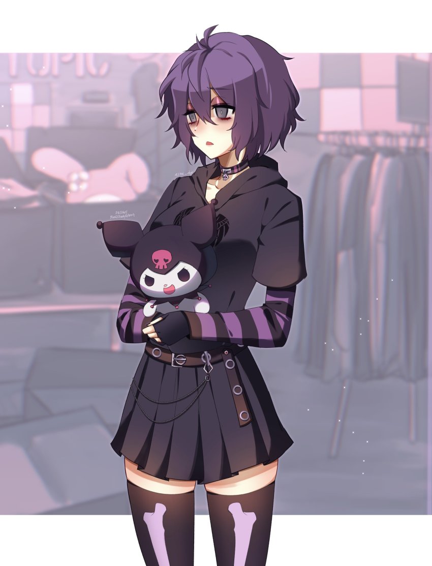 1girl, alternate_costume, artist_name, bags_under_eyes, belt, bernadetta_von_varley, black_choker, black_gloves, black_skirt, black_thighhighs, bone_print, character_doll, choker, commentary, contemporary, doll, eine_(eine_dx), english_commentary, eyeshadow, fingerless_gloves, fire_emblem, fire_emblem:_three_houses, gloves, grey_eyes, hair_between_eyes, highres, holding, holding_doll, hood, hood_down, hoodie, hot_topic, indoors, kuromi, layered_sleeves, long_sleeves, makeup, messy_hair, my_melody, my_melody_(series), nintendo, open_mouth, pleated_skirt, purple_eyeshadow, purple_hair, sanrio, shop, short_hair, short_over_long_sleeves, short_sleeves, skirt, skull_choker, solo, striped_sleeves, thighhighs, wallet_chain