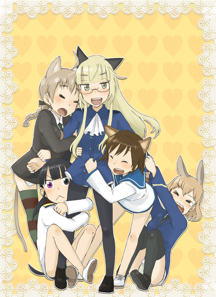 00s, 5girls, :<, amelie_planchard, animal_ears, bad_id, bad_pixiv_id, blush