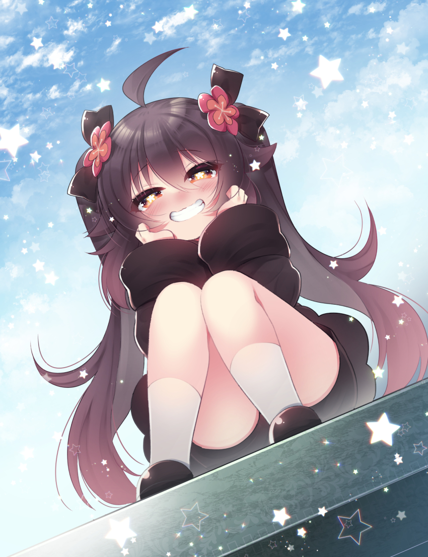 1girl, aged_down, ahoge, blue_sky, blush, bow, child, dress, flower, genshin_impact, hair_bow, hair_flower, hair_ornament, hano_haruka, highres, hu_tao_(genshin_impact), long_sleeves, looking_at_viewer, naughty_face, red_eyes, shorts, sitting, sky, smile, socks, solo, star-shaped_pupils, star_(symbol), symbol-shaped_pupils, twintails, wide_sleeves