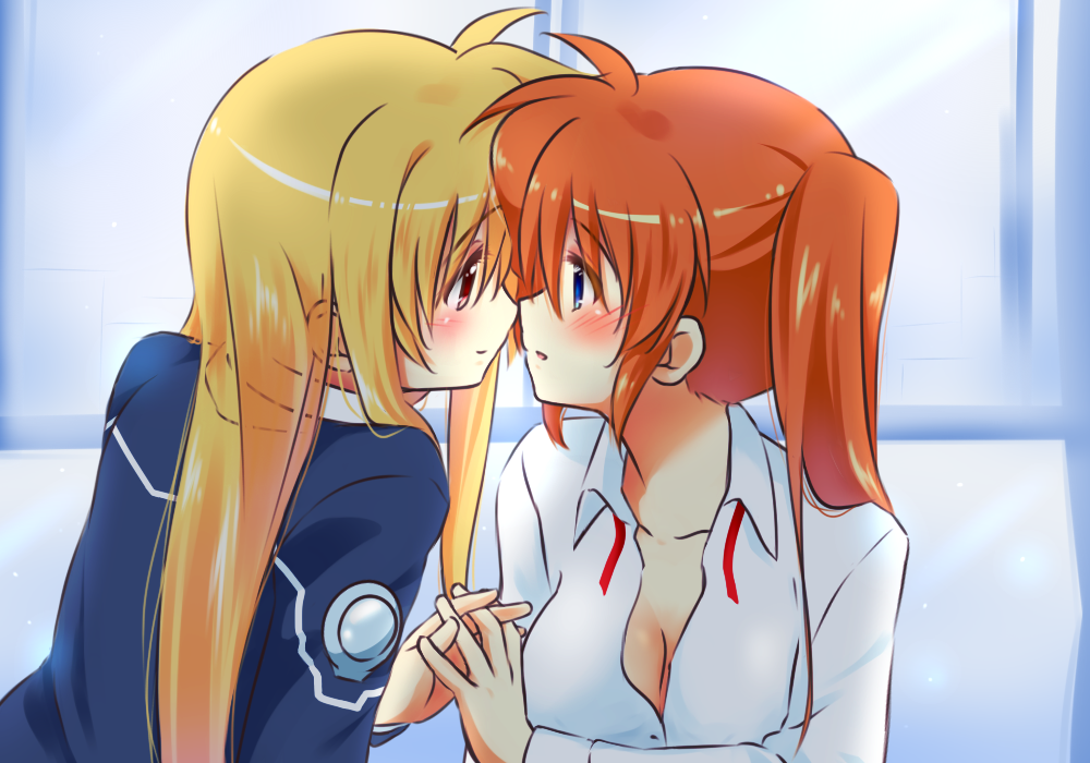 2girls, bed, blonde_hair, blue_eyes, breasts, cleavage, collared_shirt, couple, eye_contact, fate_testarossa, hair_ribbon, happy, holding_hands, interlocked_fingers, kerorokjy, long_hair, looking_at_another, lyrical_nanoha, mahou_shoujo_lyrical_nanoha, mahou_shoujo_lyrical_nanoha_strikers, military, military_uniform, multiple_girls, neck_ribbon, orange_hair, red_eyes, red_ribbon, ribbon, shirt, side_ponytail, sitting, smile, takamachi_nanoha, very_long_hair, white_shirt, yuri