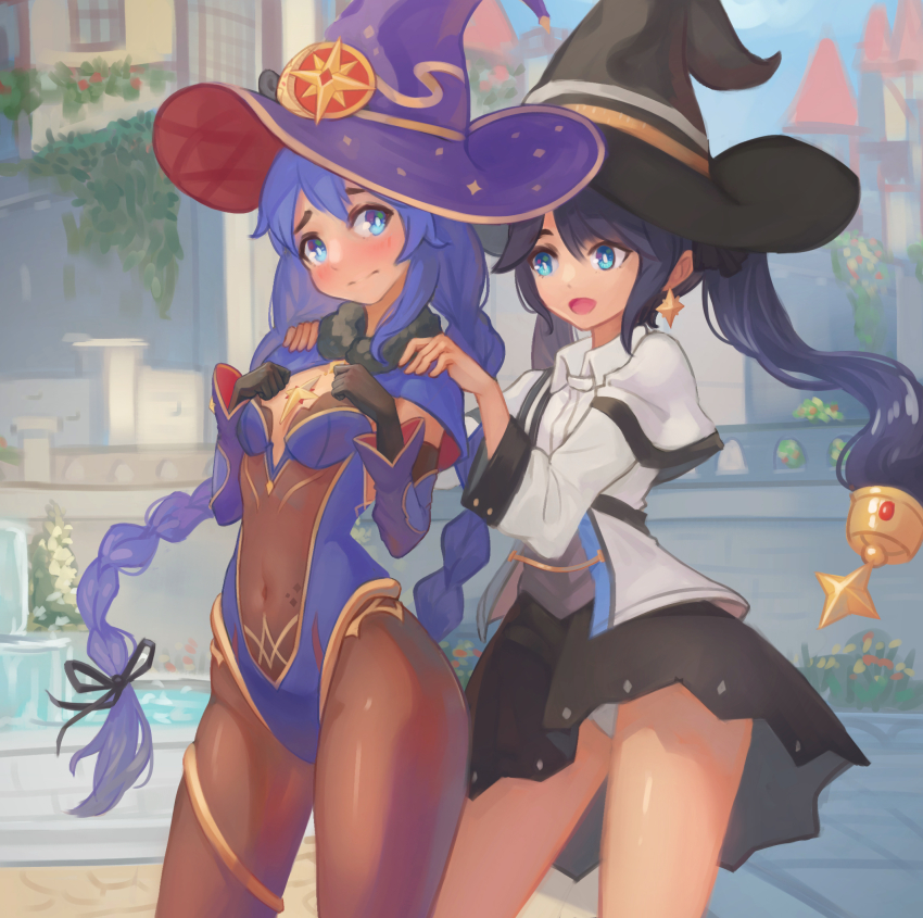 2girls, black_legwear, blue_eyes, blue_hair, blush, braid, cosplay, costume_switch, day, drelouder, genshin_impact, gloves, hair_ornament, hair_ribbon, hat, highres, long_hair, mona_(genshin_impact), multiple_girls, mushoku_tensei, navel, open_mouth, panties, pantyhose, ribbon, roxy_migurdia, skirt, smile, twin_braids, twintails, underwear, voice_actor_connection, white_panties, witch_hat