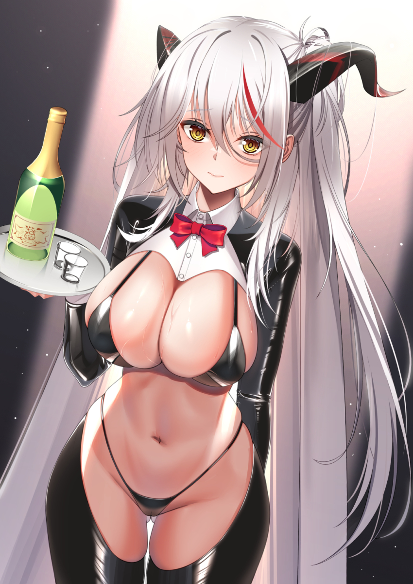 1girl, aegir_(azur_lane), arm_behind_back, azur_lane, bikini, black_bikini, black_thighhighs, blush, bottle, bow, bowtie, breasts, cleavage, closed_mouth, cup, drinking_glass, gluteal_fold, hair_between_eyes, highres, holding, holding_tray, horns, inui_kentarou, large_breasts, light_frown, long_hair, long_sleeves, looking_at_viewer, multicolored_hair, navel, red_bow, red_bowtie, red_hair, reverse_bunnysuit, reverse_outfit, ringed_eyes, shrug_(clothing), sidelocks, silver_hair, solo, stomach, straight_hair, streaked_hair, sweat, swimsuit, thigh_gap, thighhighs, tray, two-tone_hair, very_long_hair, yellow_eyes