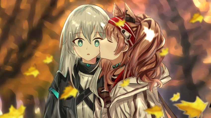 2girls, angelina_(arknights), animal_ears, aqua_eyes, arknights, autumn_leaves, black_coat, blurry