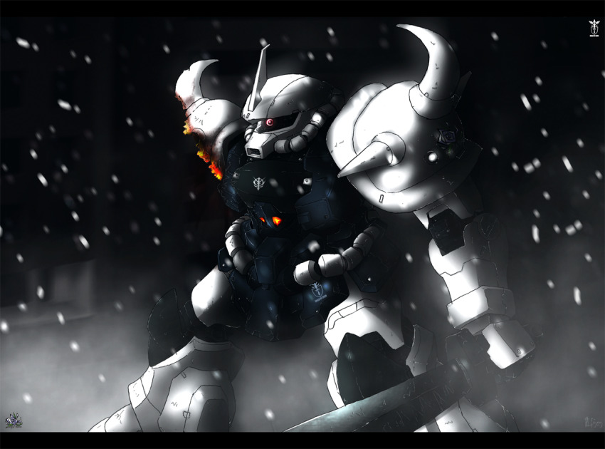 damaged, gouf, gouf_custom, gundam, gundam_the_plot_to_assassinate_gihren, holding, holding_sword, holding_weapon