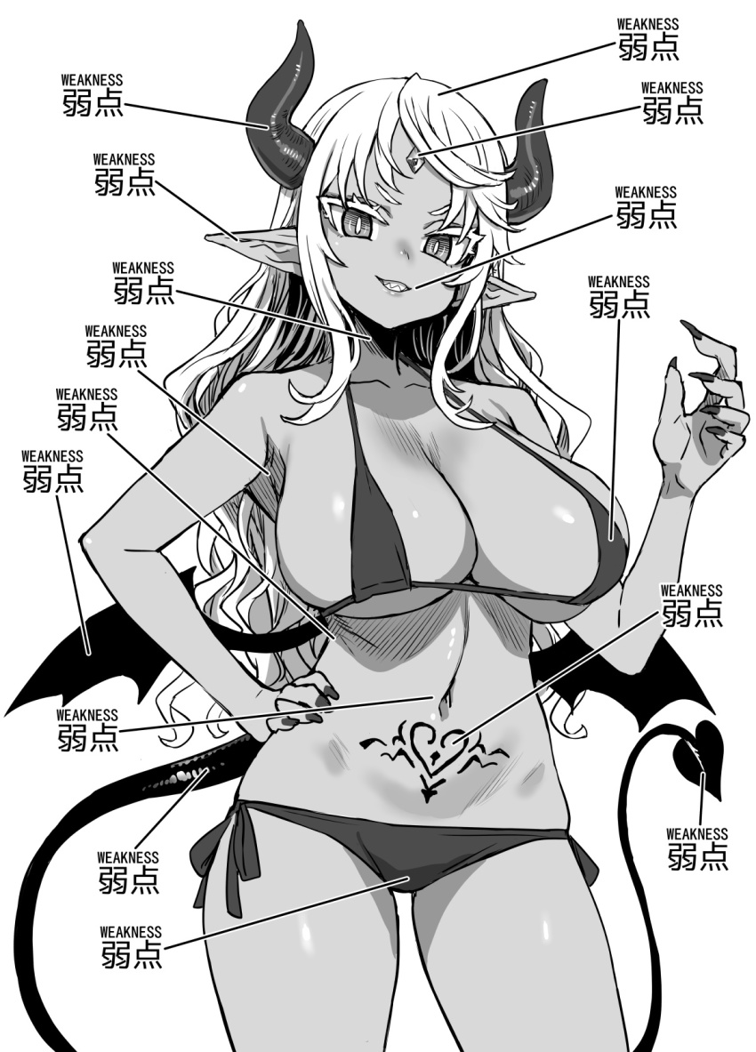 asanagi, bikini, bilingual_text, breasts, demon_girl, demon_horns, demon_tail, demon_wings