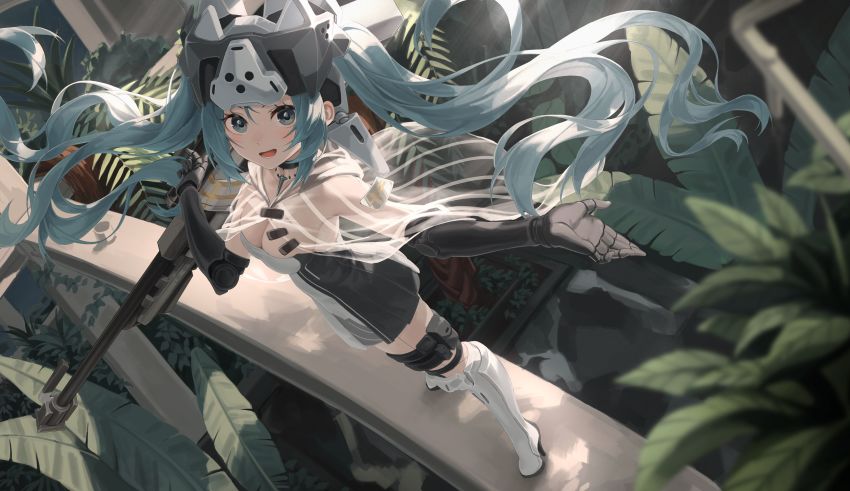 :d, absurdres, boots, breasts, character_request, cleavage, dress, girls'_frontline, girls'_frontline_neural_cloud, gun, highres, long_hair, looking_at_viewer, open_mouth, rui_(rei_leyi), smile, solo, twintails, two-tone_dress, weapon, white_boots, wisdom_(neural_cloud)