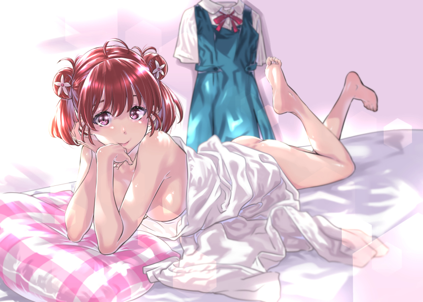 1girl, ass, bed, breasts, feet, hashima_izumi, highres, maruta, pillow, red_hair, saenai_heroine_no_sodatekata