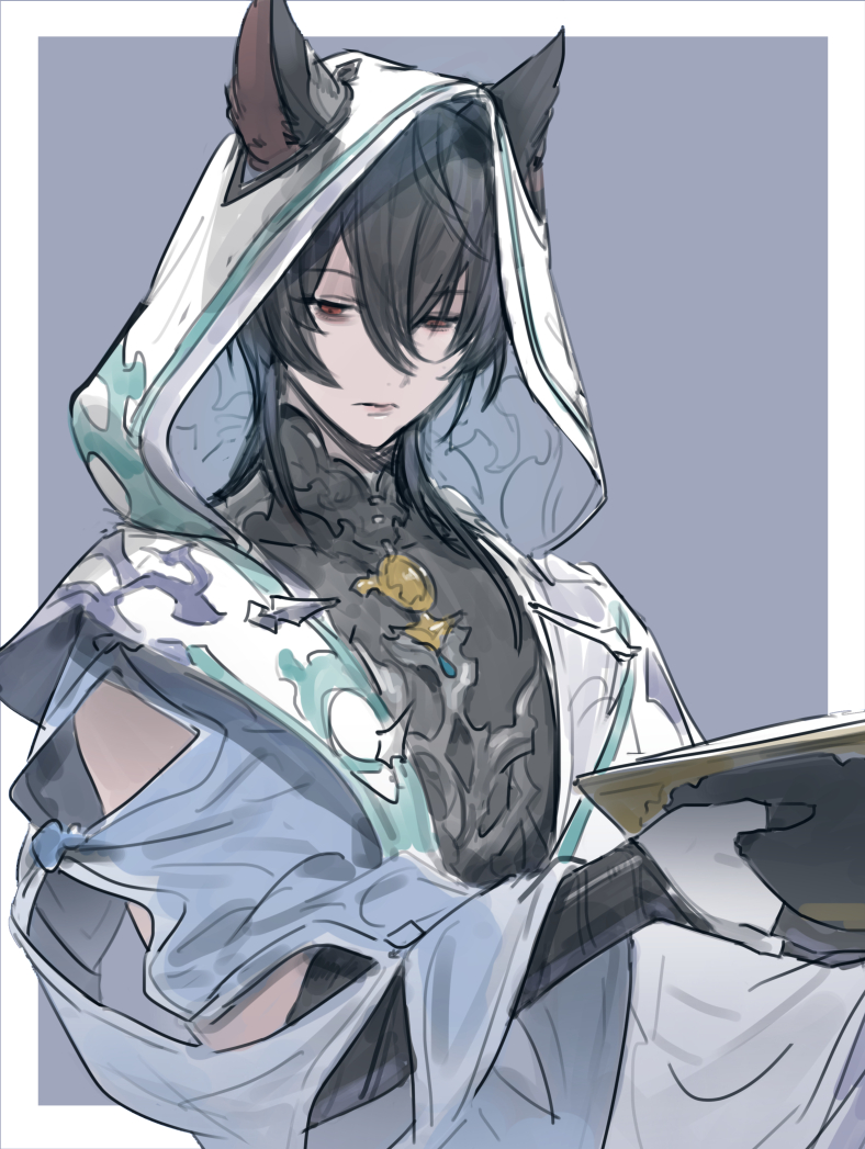 1boy, animal_ears, bags_under_eyes, bishounen, black_hair, black_shirt, blouse, blue_background, book, cloak, erune, gloves, granblue_fantasy, hair_between_eyes, holding, holding_book, hood, hood_up, hooded_cloak, jewelry, long_bangs, looking_to_the_side, male_focus, medium_hair, merlin_(granblue_fantasy), red_eyes, shirt, sleeveless, sleeveless_shirt, solo, tekki_(tki), upper_body
