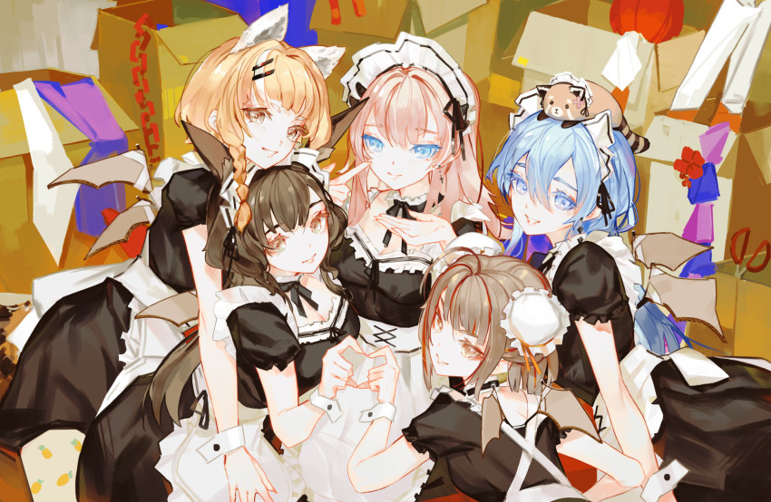 5girls, animalization, anya_pandaria, atelier_live, black_dress, blue_eyes, blue_hair, breasts