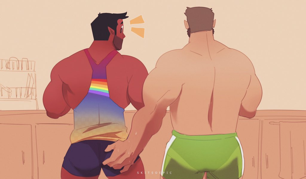 2boys, back, bara, beard, blue_shorts, blue_tank_top, brown_hair, colored_skin