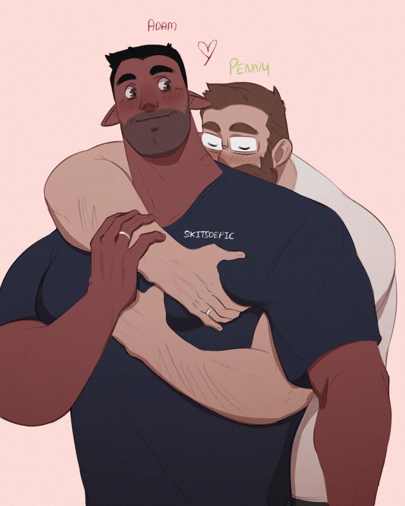 2boys, arm_hair, bara, beard, blush, brown_hair, colored_skin, commentary