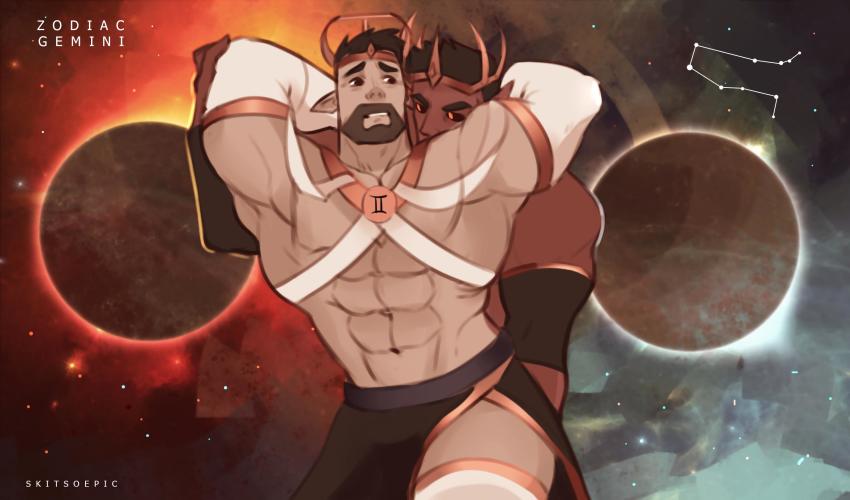 2boys, alternate_costume, armpits, arms_around_neck, arms_up, bara, bare_pectorals, beard