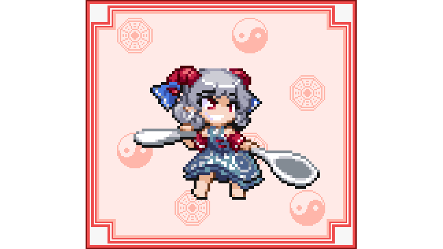 blue_dress, chibi, commically_large_spoon, dress, giant_spoon, holding, holding_spoon, holding_weapon, horns, mini-hakkero, nukekip, pixel_art, red_background, red_eyes, red_horns, red_sleeves, sheep_girl, sheep_horns, silver_hair, smile, spoon, tagme, thick_eyebrows, touhou, sunken_fossil_world, toutetsu_yuuma, weapon, yin_yang