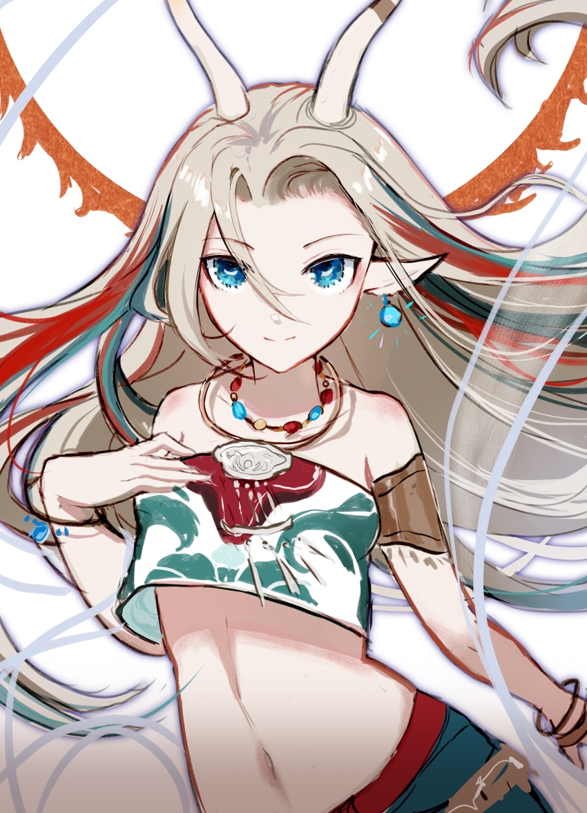 1girl, a_deer_of_nine_colors, absurdres, antlers, arknights, avatra, blue_eyes, bracelet