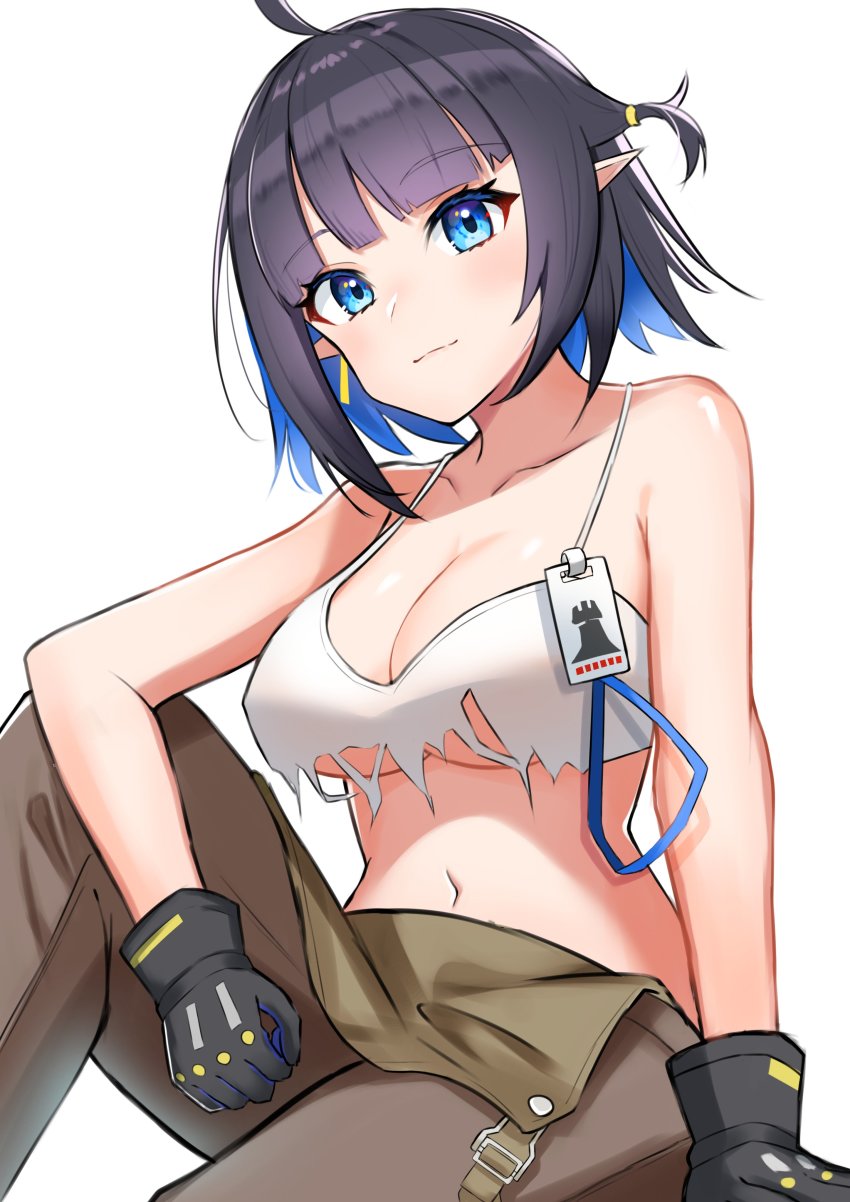 1girl, absurdres, arknights, bare_shoulders, black_gloves, black_hair, blue_eyes, blue_hair