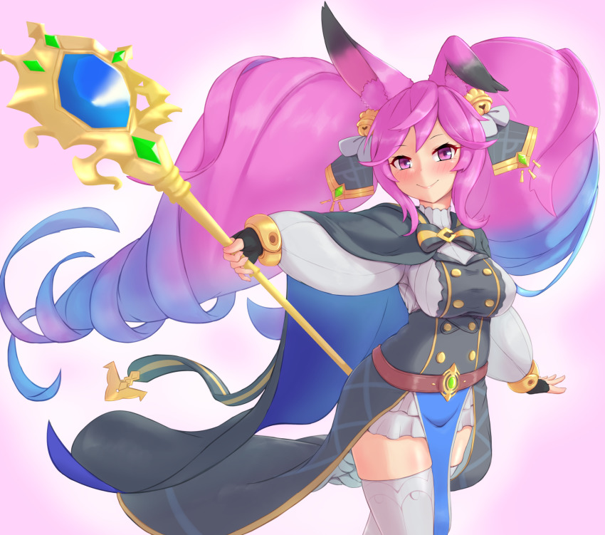 1girl, animal_ears, bell, belt, big_hair, blue_hair, blush, breasts, cape, cleo_(dragalia_lost), cleo_(gala)_(dragalia_lost), cream_cod, dragalia_lost, dress, gradient_hair, hair_bell, hair_ornament, highres, holding, holding_staff, large_breasts, long_hair, multicolored_hair, pelvic_curtain, purple_eyes, purple_hair, rabbit_ears, smile, solo, staff, thighhighs, twintails, very_long_hair, white_thighhighs, zettai_ryouiki