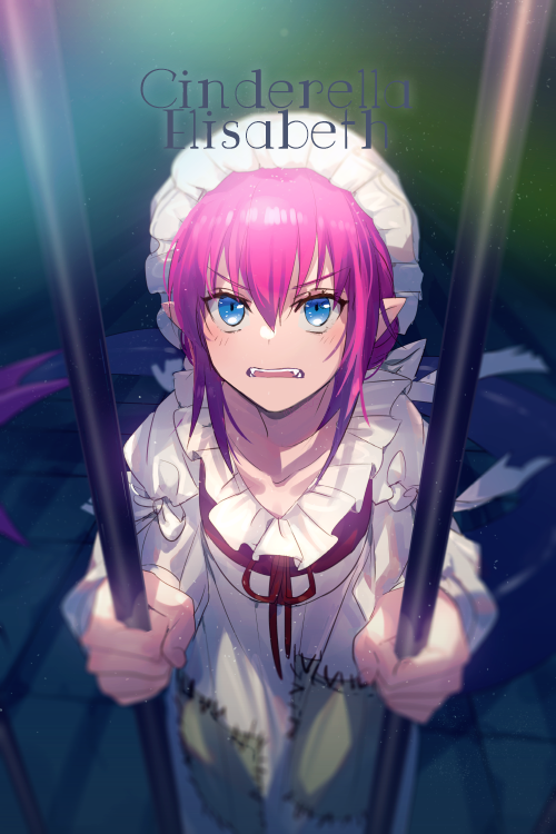 1girl, blue_eyes, blush, breasts, curled_horns, dragon_tail, dress, echo_(circa), elizabeth_bathory_(cinderella)_(fate), elizabeth_bathory_(fate), elizabeth_bathory_(scullery_maid)_(fate), fate/grand_order, fate_(series), horns, iron_bars, long_hair, long_sleeves, looking_at_viewer, official_alternate_costume, pink_hair, pointy_ears, small_breasts, solo, tail